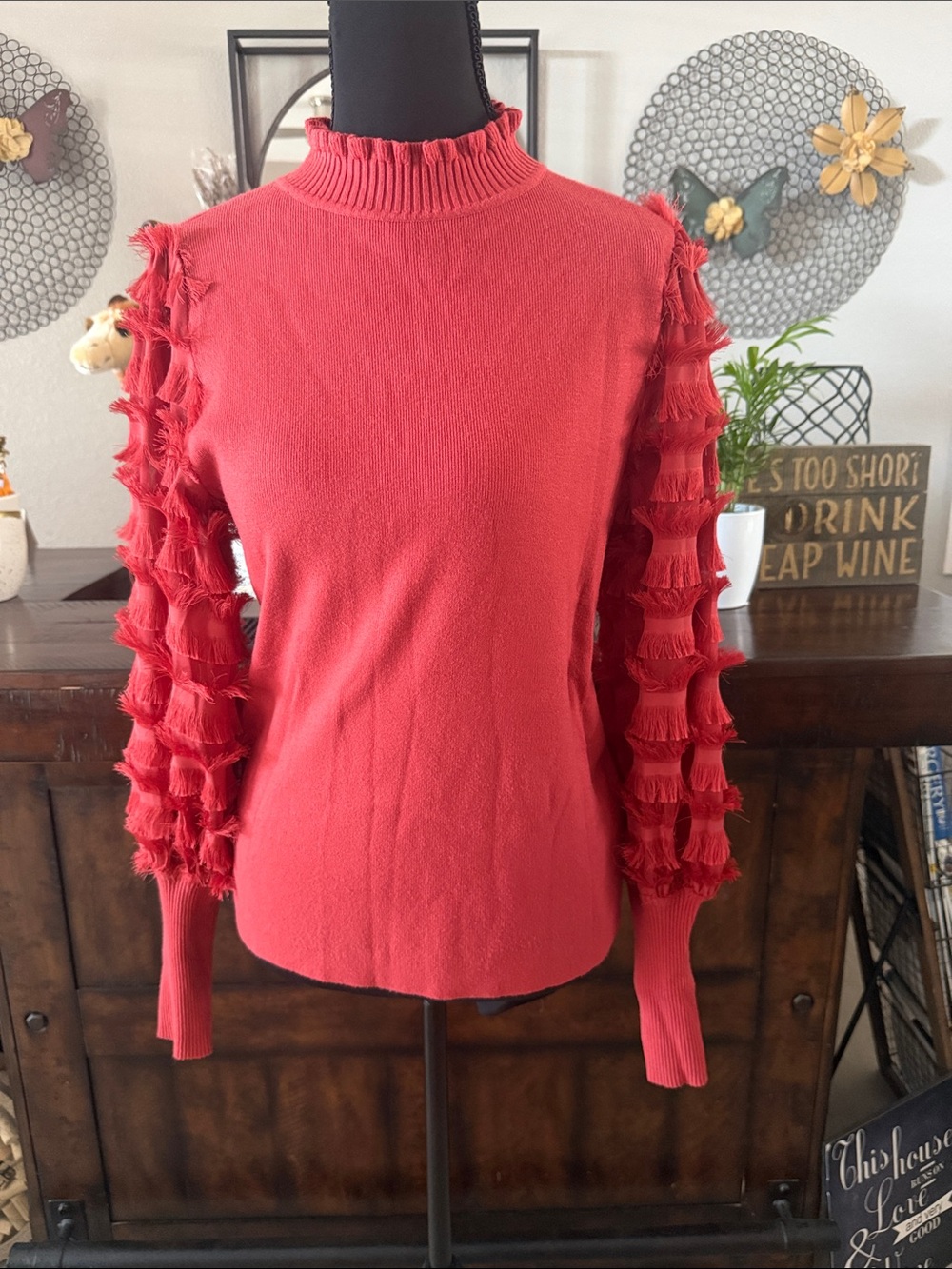 Sioni  Coral-Red Fringe-Sleeve Mock Neck Sweater